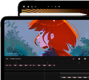 11-tommers iPad Pro med Apple Pencil festet og 13-tommers iPad Pro bak den. Bege modellene viser klare, fargerike bilder på Ultra Retina XDR-skjermen