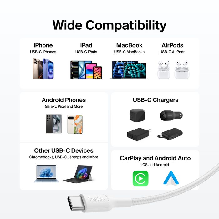 Belkin USB-C til USB-C 240W Flettet PCR Ladekabel 3m - Hvit
