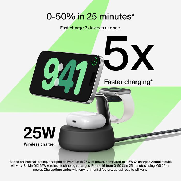 Belkin UltraCharge Pro 3-i-1 Qi2 Ladestativ - Kullsvart