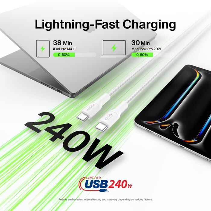 Belkin USB-C til USB-C 240W Flettet PCR Ladekabel 3m - Hvit