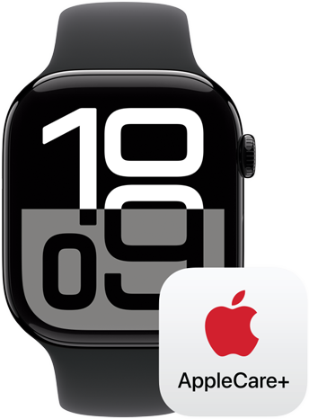 Apple Watch Series 10 vises ved siden av logoen for forsikringsavtalen AppleCare+