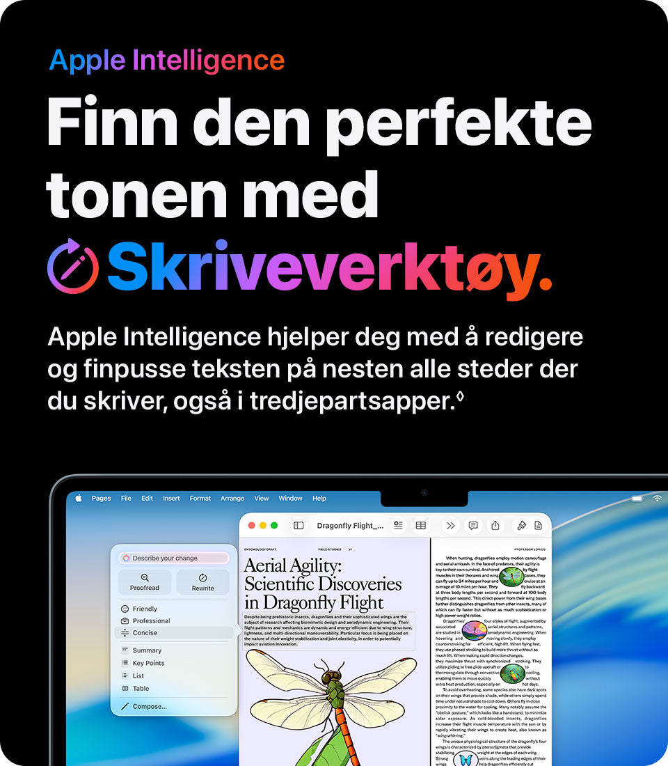 Skriveverktøy.Finn den perfekte tonen med Skriveverktøy – Apple Intelligence hjelper deg å redigere og finpusse teksten nesten overalt der du skriver.